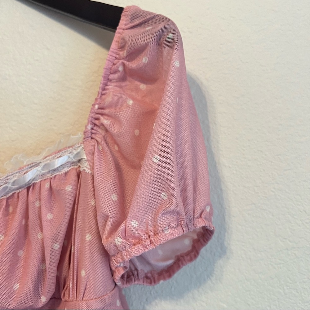 Sugar Thrillz lined mesh crop top, pink with white polka dots, puff short sleeve - Picture 4 of 13